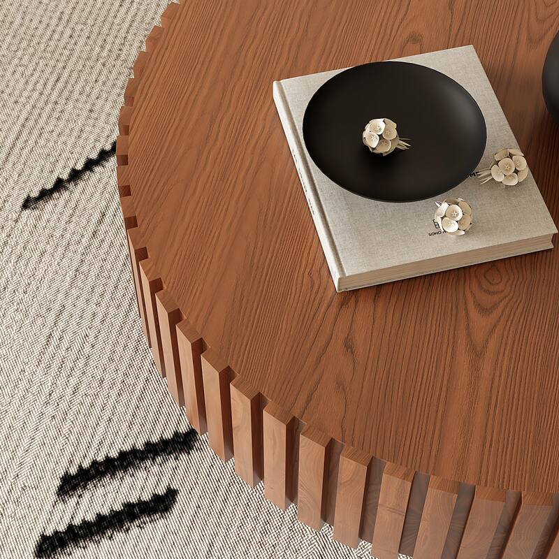 Modern Round Coffee Table Stylish Coffee Table Olive Shaped Coffee Table with Handmade Relief and Base, for Living Room