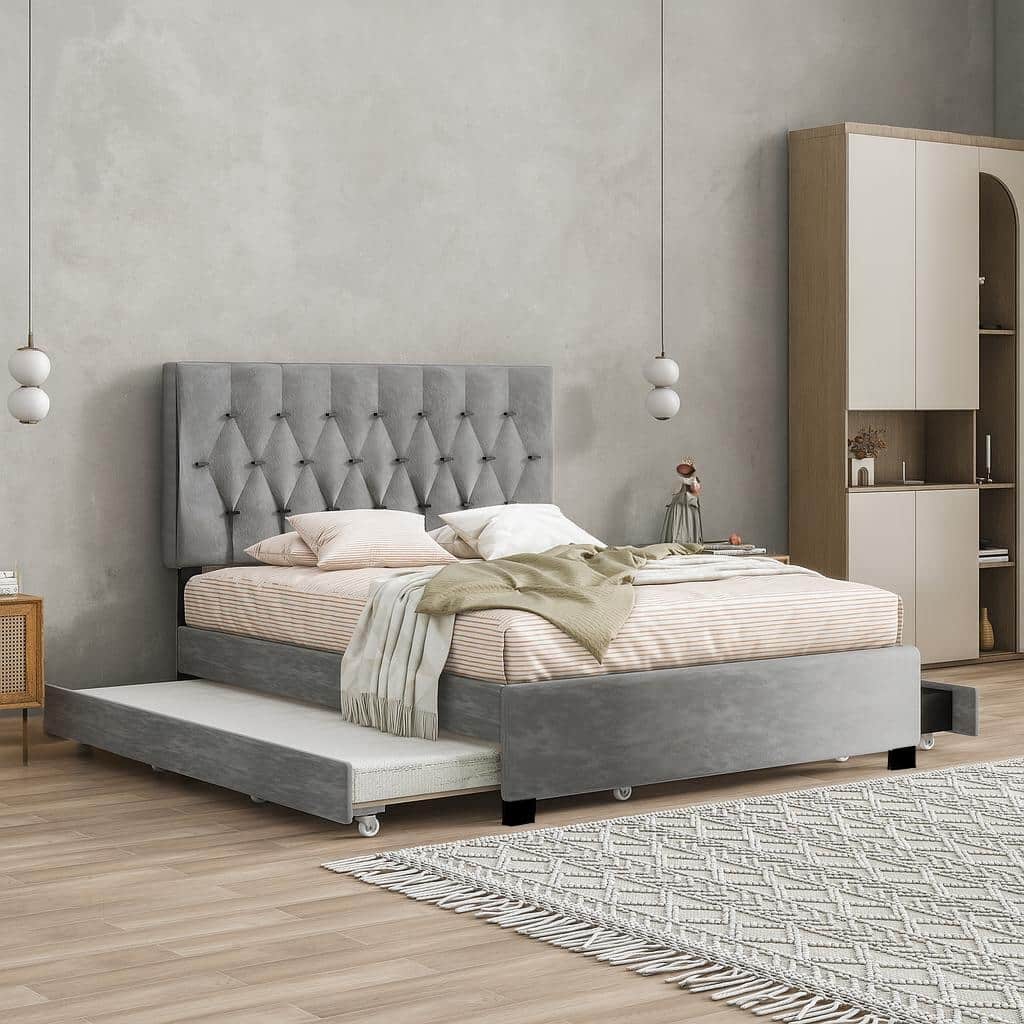 Queen Size Upholstered Platform Bed Frame with Trundle Bed & Drawers