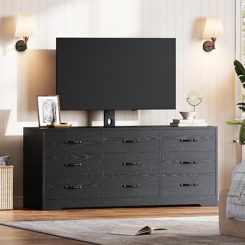 Modern 55" Media Console with 9 Drawers TV Stand with Mount for TVs Up to 85" - Black
