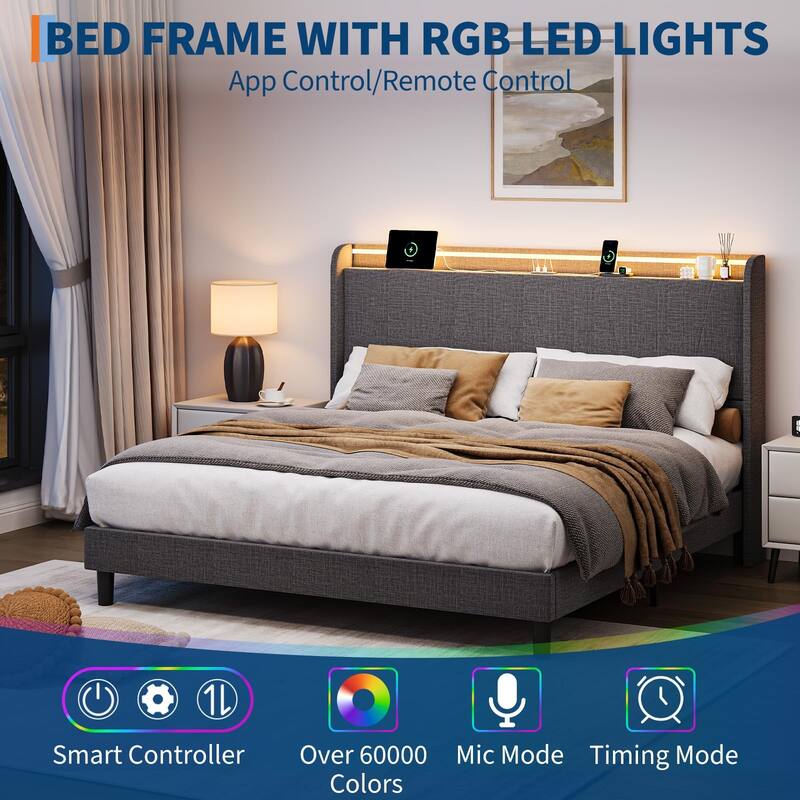 Twin Size Bed Frame with Charging Station and LED Lights, Modern Platform Bed with Slats