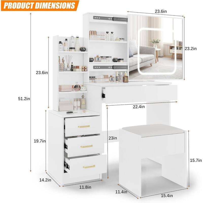 4 Drawers Dressing Table, Makeup Vanity Desk with Mirror and Lights for Bedroom