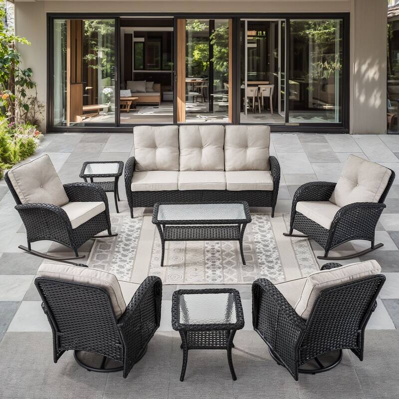 Gymojoy Outdoor Wicker Patio Furniture Sofa & Chair Set - Luxurious Comfort, Weather-Resistant - Sofa Set - included Swivel Chairs & Rocking Chairs - Black Wicker / Beige Cusion
