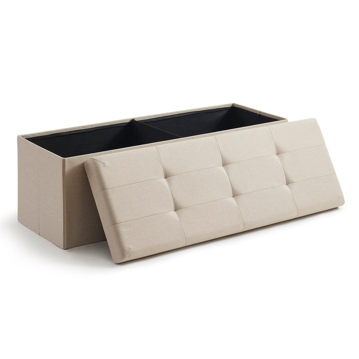 Foldable Tufted Linen Storage Ottoman Bench - Beige