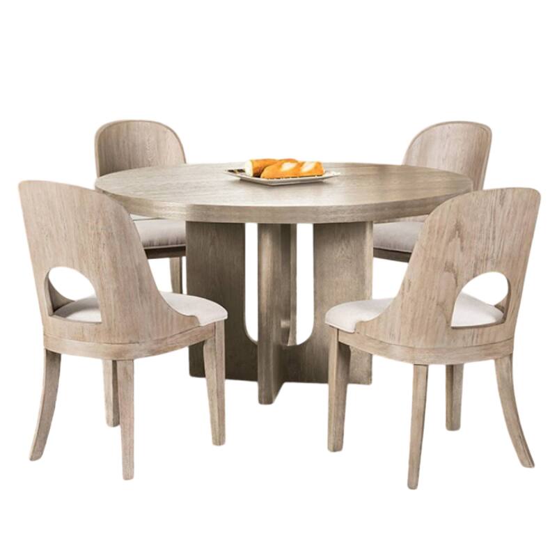 Zoko 5pc Round Dining Table Set, Polyester Chairs, White, Solid Wood