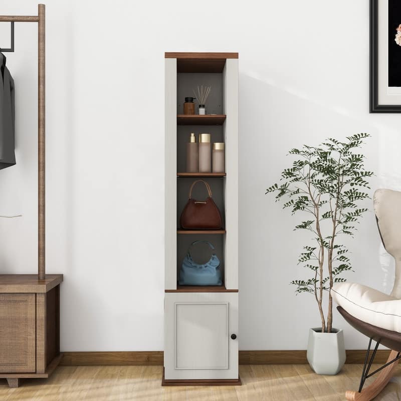 Antique White 360-degree Rotating Storage Cabinet with Full-Length Mirror