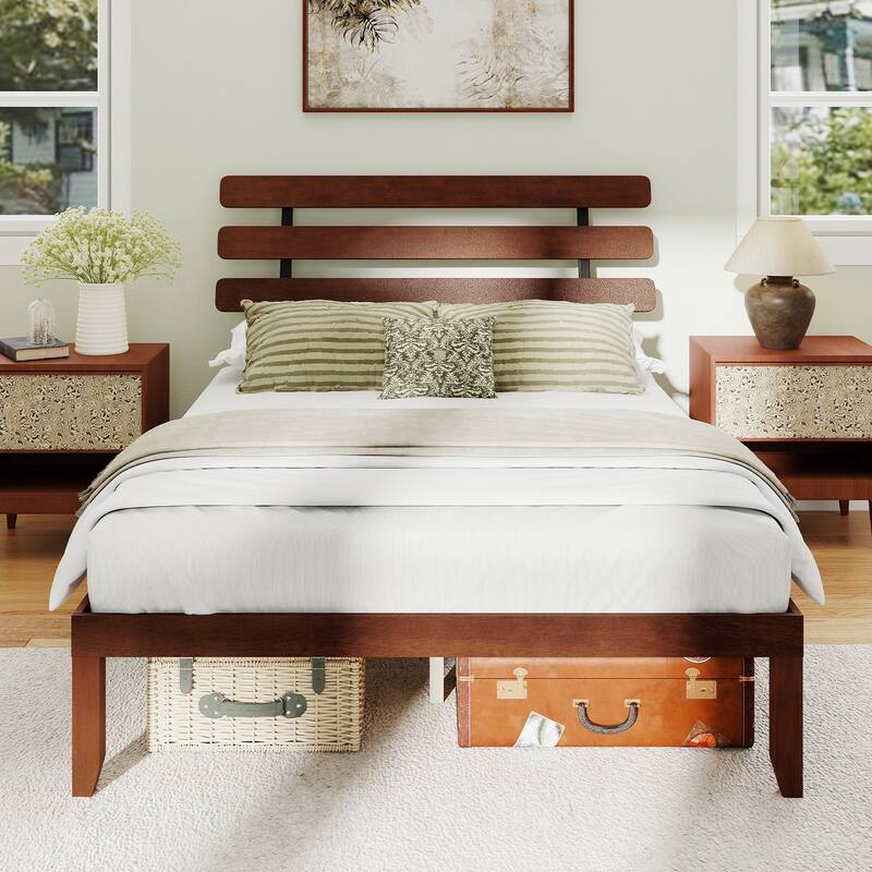 Walnut Solid Rubber Wood Platform Bed with Retro Headboard and Slatted Mattress Base - Multi