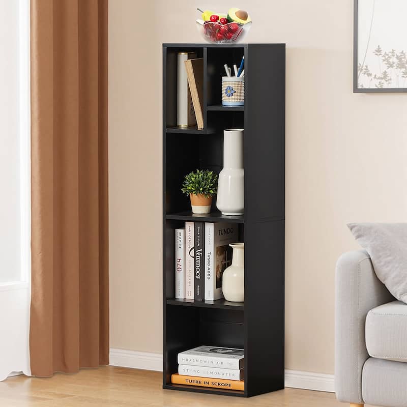 VECELO Wood Organizer Bookcase,Fits Tallest Hardcovers, Customized Storage Display Shelf, Free Standing for Living Room, Bedroom - 5 Cube - Black