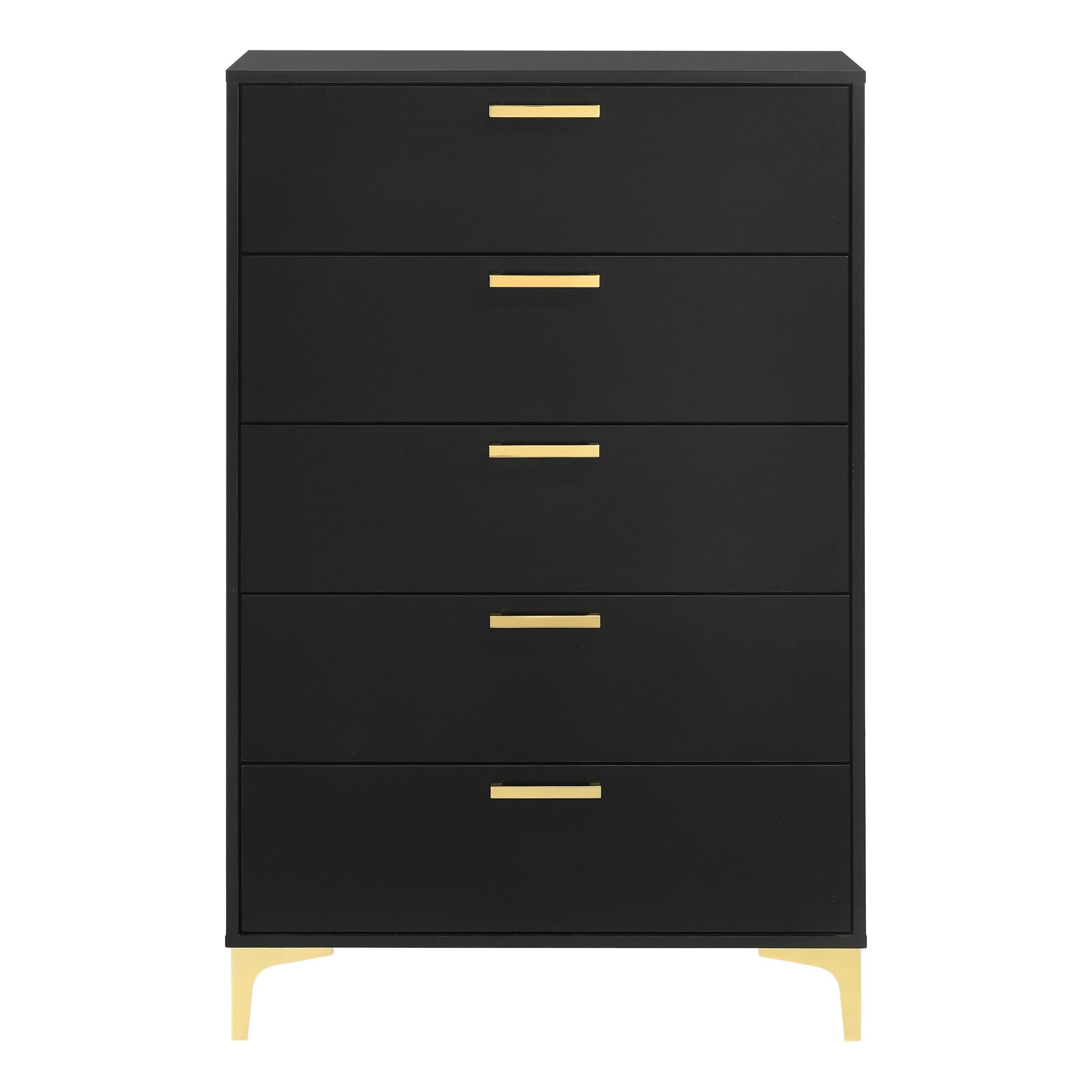 Benjara Lif 50 Inch Modern 5 Drawer Tall Dresser Chest, Gold Accents, Smooth Black