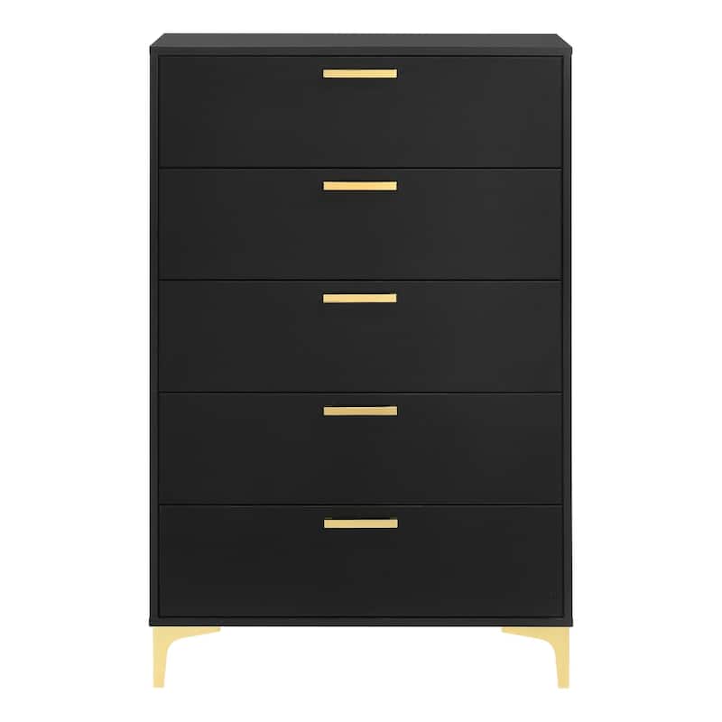 Lif 50 Inch Modern 5 Drawer Tall Dresser Chest, Gold Accents, Smooth Black