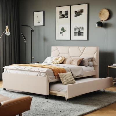 Full Size Upholstered Platform Bed with Brick Pattern Headboard, with Twin Size Trundle and 2 Drawers, Linen Fabric