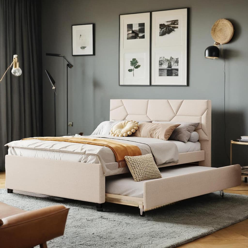 Full Size Upholstered Platform Bed with Brick Pattern Headboard, with Twin Size Trundle and 2 Drawers, Linen Fabric