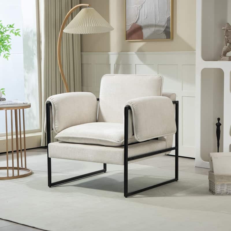 XINMICS Mid-Century Modern Accent Chair, Upholstered Armchair with Armrests and Metal Frame for Living Room, Bedroom - White