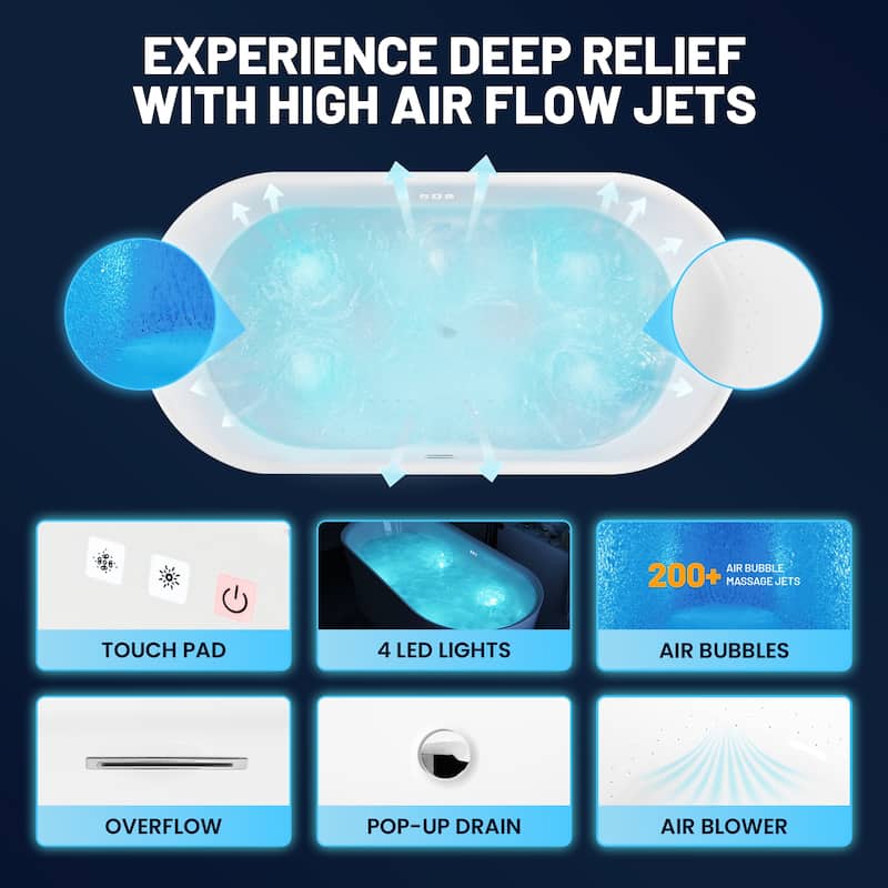 Jericho Series 67" Air Jetted Acrylic Freestanding Bathtub in Glossy White with Center Drain