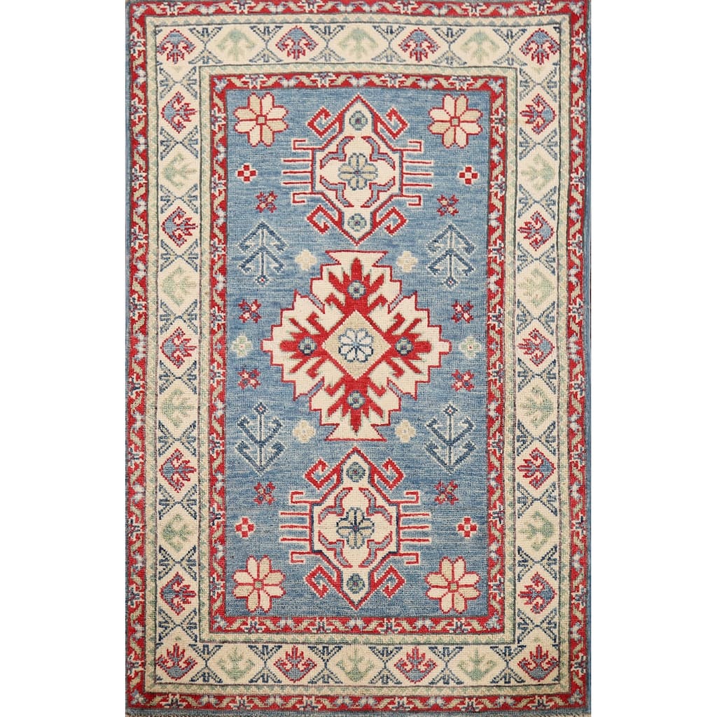 Light Blue Kazak Foyer Rug Hand-Knotted Geometric Wool Carpet - 2'9" x 4'1"