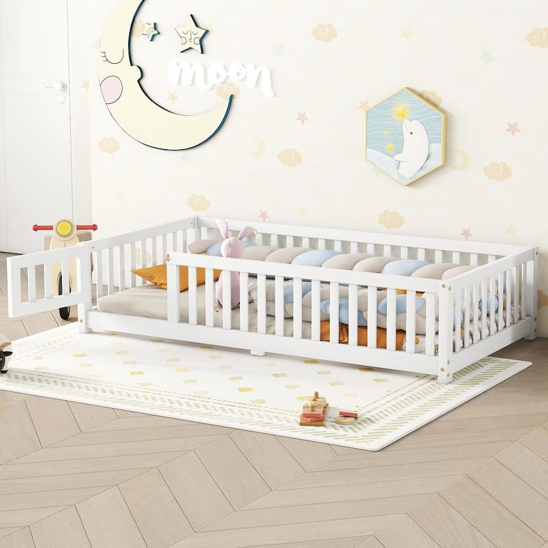Pine Wood Floor Bed with Safety Guardrails and Door for Kids