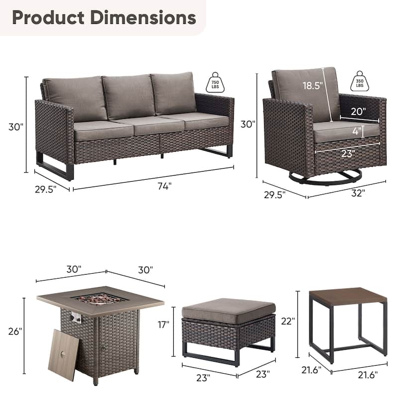 7 Pieces Fire Pit Table with Sofa Swivel Chair Ottoman Set