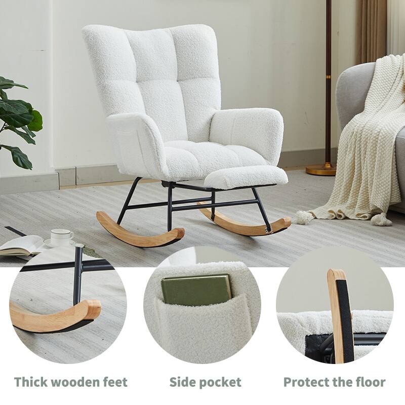 Teddy Fabric High-Back Glider Rocking Chair with Solid Wood Legs and 30° Gentle Swing