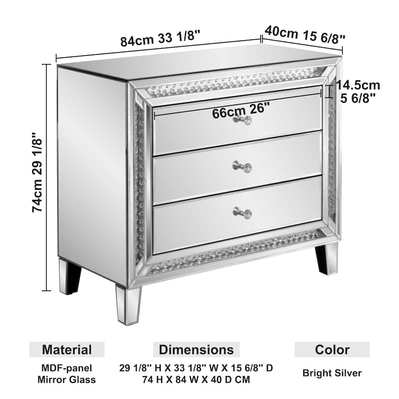 Glam Mirror Nightstand Bedside Table with 3 Drawer Chest
