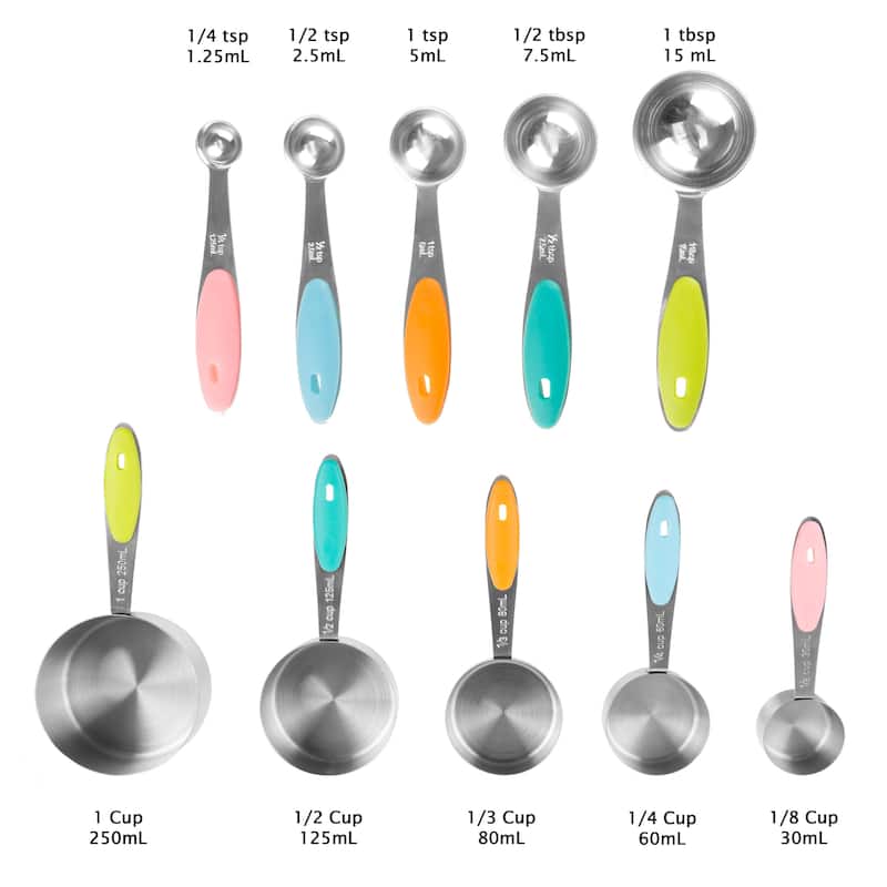 Classic Cuisine 10-Piece Measuring Cups and Spoons Set – Stainless-Steel with Colored Silicone Handles and Metal Ring Hanger