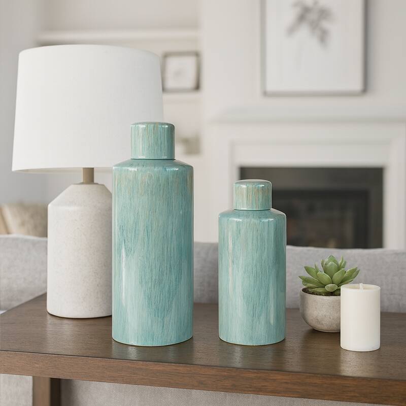 Sagebrook Home Corvallis Ceramic Canisters, Cylinder (Set Of 2) - Green - 19.0"