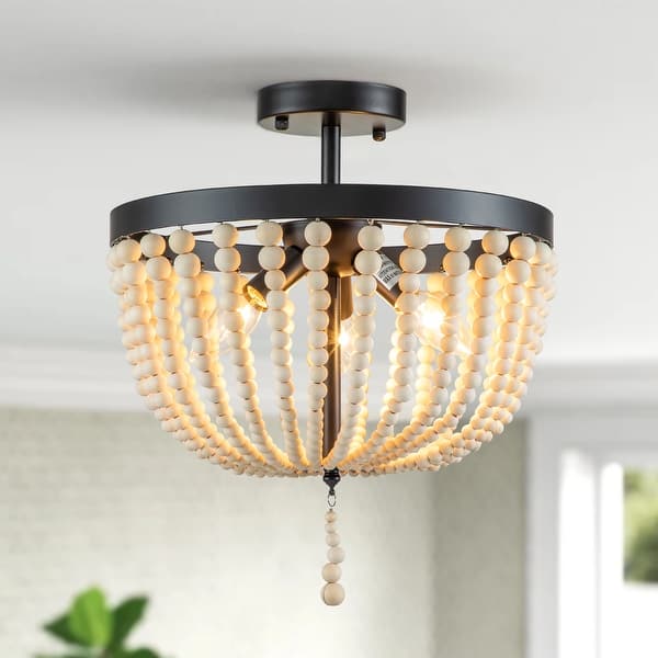 slide 2 of 8, 3-Light Black Finish Natural Wood Beaded Semi Flush Mount Black