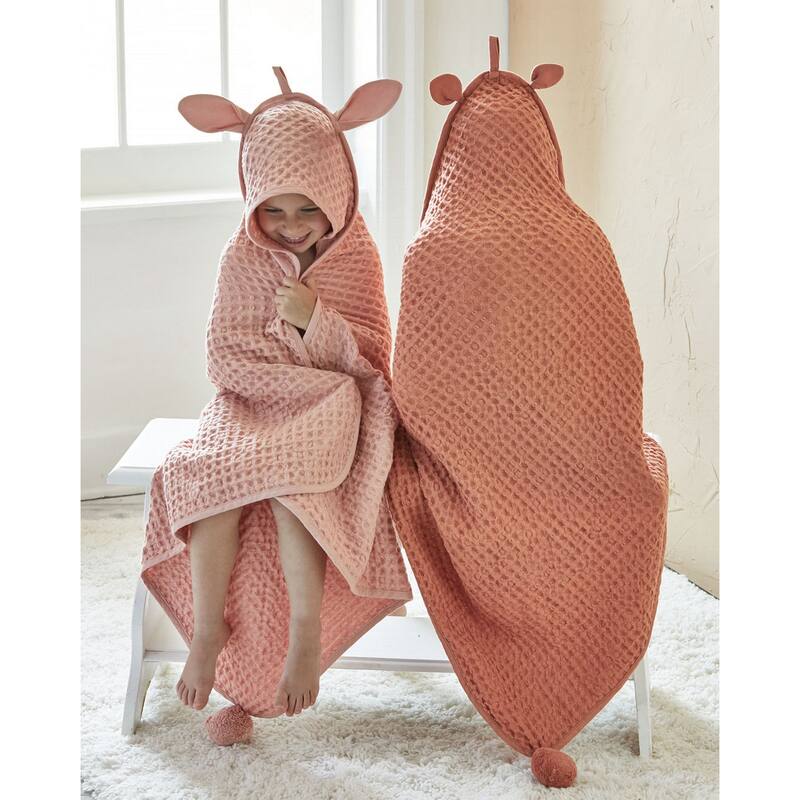Bear Hooded Waffle Weave Towel for Baby - Terracotta Orange Cotton Bath & Kitchen Towel, Machine Washable, 31" x 31"