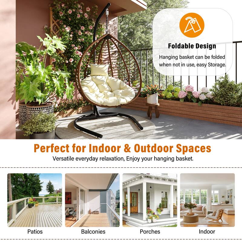 Roomfitters Indoor Outdoor Hanging Egg Hammock Chair with Stand, Wicker Rattan Swing for Patio and Bedroom