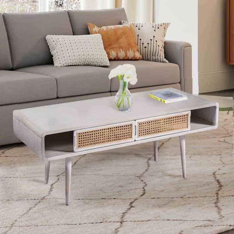 Cambria Wood and Cane Rectangular Coffee Table