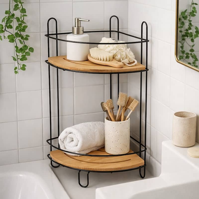 Corner Bathroom Organizer Storage Tower 3 or 2 Shelves Bamboo Black Metal - 2 Shelves - Black / Bamboo