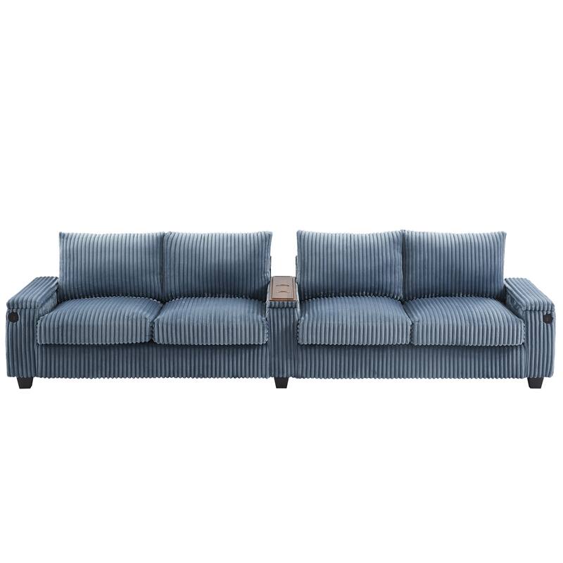 133-In Corduroy Sectional Sofa with USB Ports, Hidden Storage Arms, Flip-Top Cup Holders