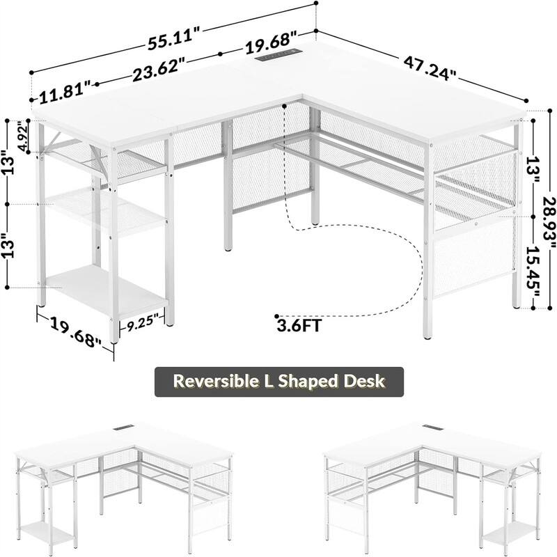 L Shaped Desk with USB Charging Port and Power Outlet
