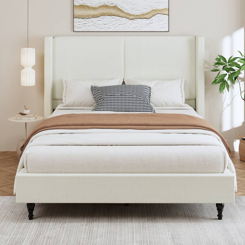 Queen Size Bed Frame with 55.5"High Back Upholstered Headboard - White