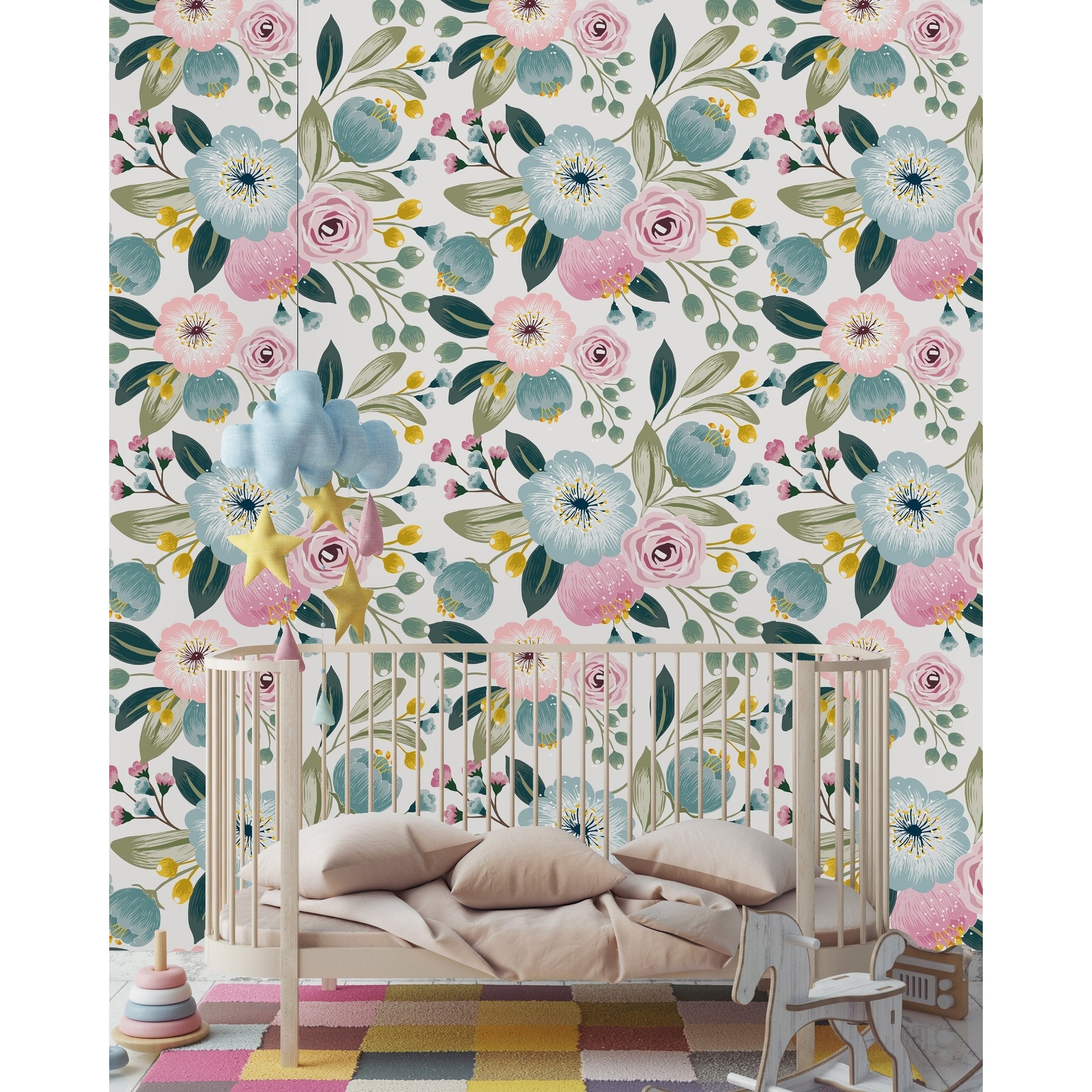 Pink and Blue Pastel Flowers Removable Wallpaper - Overstock - 33275164