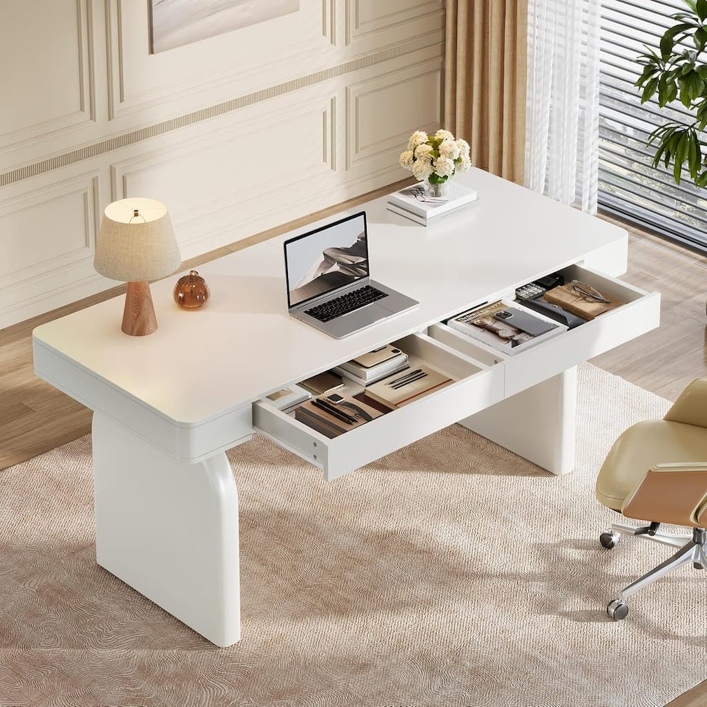 White Home Office Desk with Drawers, 63-Inch Modern Executive Desk