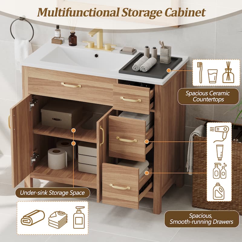 Solid Wood Frame Bathroom Vanity Cabinet with Undermount Ceramic Sink, 3 Drawers & Adjustable Shelf for Small Bathrooms, 36 Inch