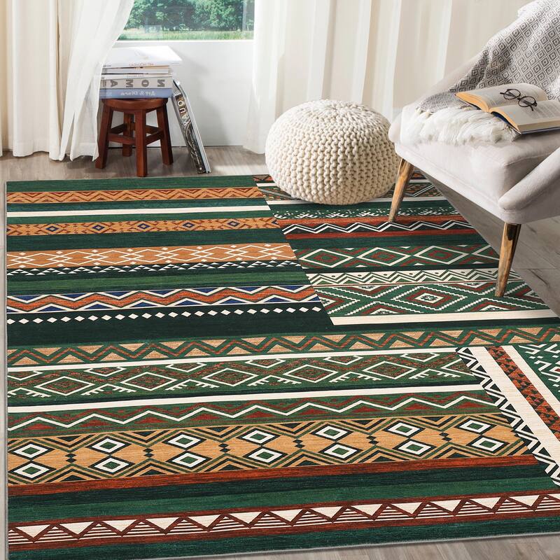Area Rug Washable Living Room Rugs Vintage Geometric Area Rug Soft Low Pile Non-Slip Area Rug