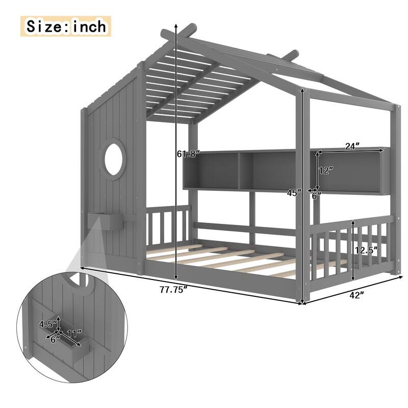 House Bed Frame for Toddler Floor Bed, Kids Montessori Bed with Storage Shelf and Round Window, Playhouse Bed with Roof Design