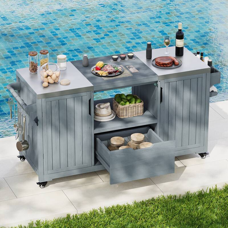 66.5" Outdoor Kitchen Island for Big Green Egg Grills,Solid Wood Outdoor Grill Cart for Tabletop Grill with Stainless Steel Top
