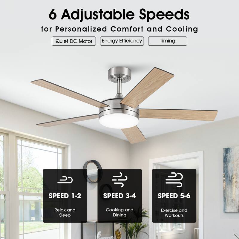 48" Modern Wood Reversible 5-blade Brushed Nickel LED Ceiling Fan with Remote