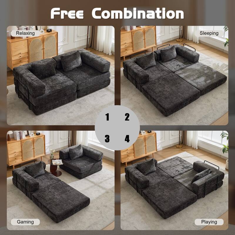 Convertible Floor Sofa Bed - Fixed Frame Chenille Loveseat, Modular Sectional, No Assembly Required