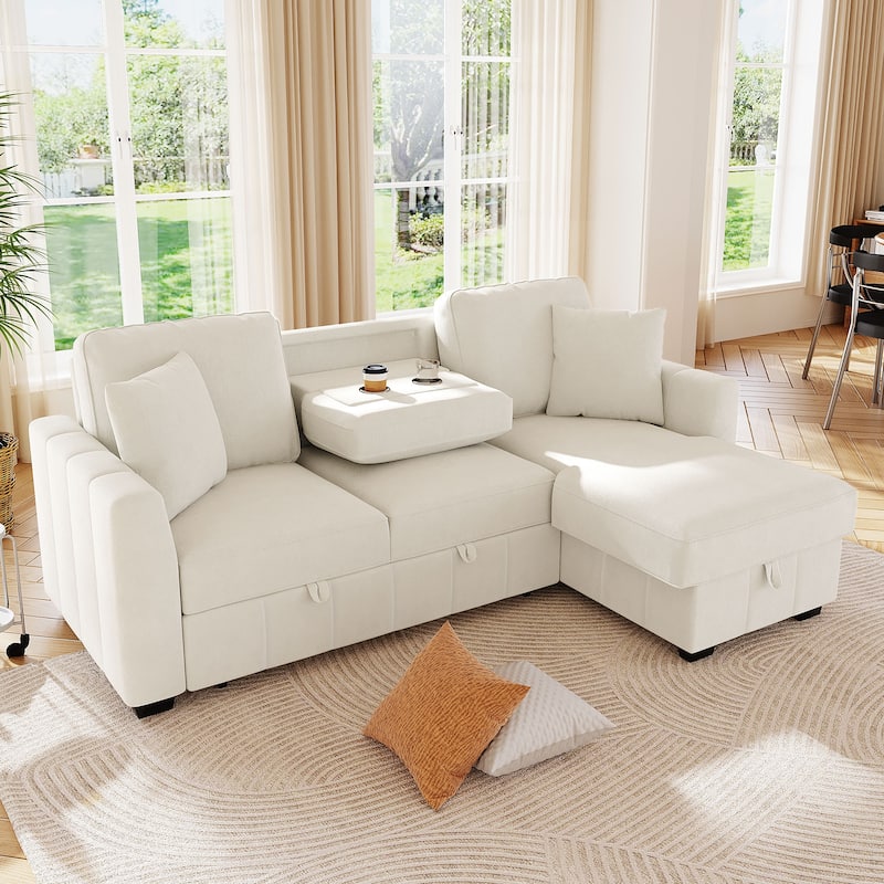 90" L-Shaped Sectional Sleeper Sofa - Reversible Storage Chaise, Drop-Down Center Console, Modular Living Room Couch
