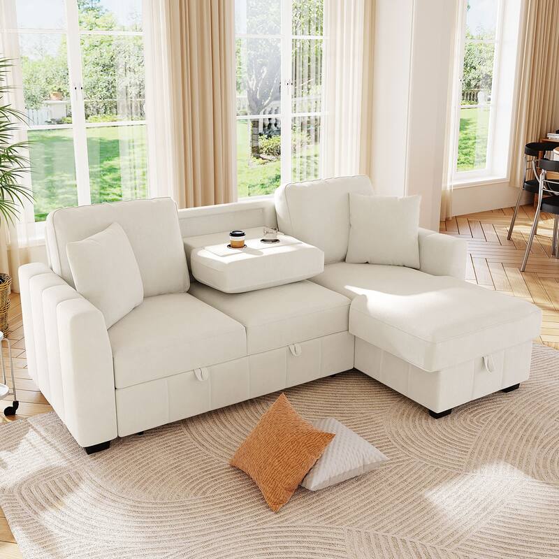 L-Shaped Sectional Sofa with Pull-out Sofa Bed, Modular Sleeper Sofa Couch with Reversible Storage Chaise for Living Room
