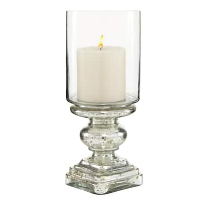 Glass Handmade Turned Style Pillar Hurricane Lamp with Faux Mercury Glass Finish - Silver - Roche River Decor - 6"W x 6"L x 16"H