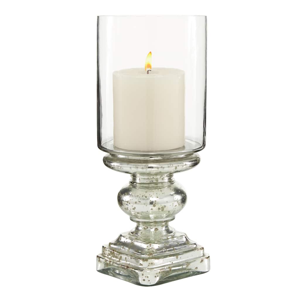 Glass Handmade Turned Style Pillar Hurricane Lamp with Faux Mercury Glass Finish - Silver - Roche River Decor - 6"W x 6"L x 16"H