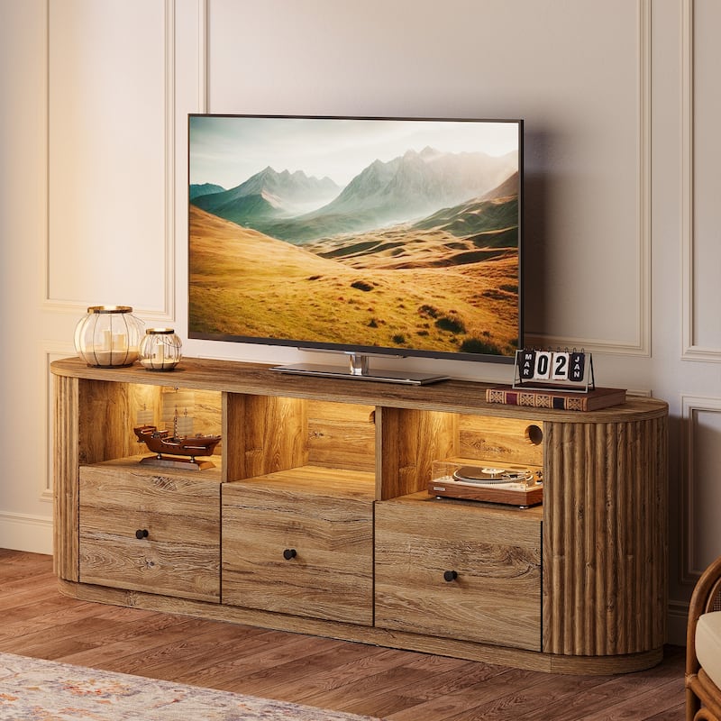 70.8" Wood TV Stand for TVs up to 80 Inch, Farmhouse Entertainment Center with 3 Drawer and Open Storage Shelves