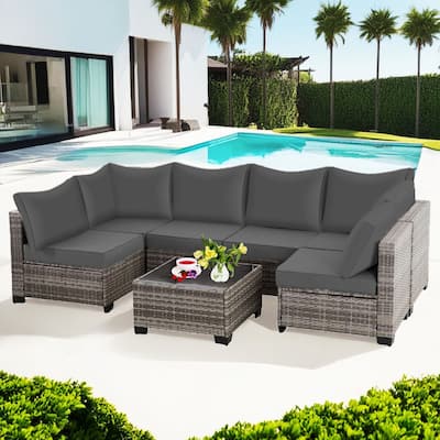 7-PC Brown Wicker Patio Conversation Set with Blue Cushions--Clearance