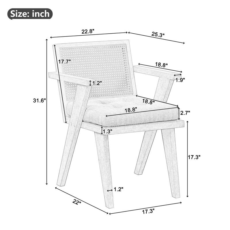 Mid-Century Modern Chair Accent Chair with Handcrafted Rattan Backrest and Padded Seat - 25.30" L x 22.80" W x 31.60" H