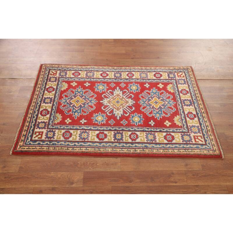 Geometric Kazak Accent Rug Hand-Knotted Traditional Wool Carpet - 2'8" x 3'11"