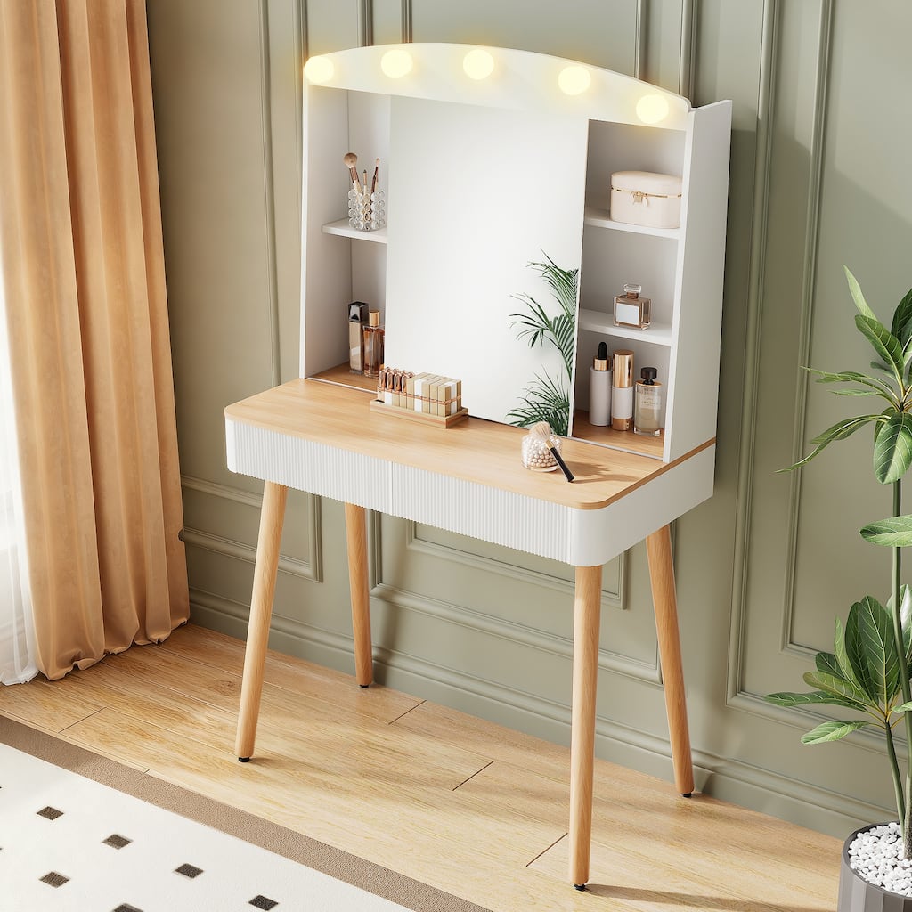 Small Vanity Desk with Mirror and Lights, Big-capacity Storage and Sliding Mirror, Vanity Set with Two Fluted Drawers