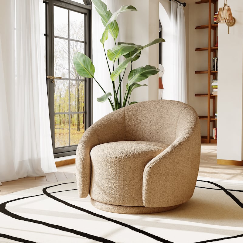 35" Wide Velvet/ Boucle Swivel Barrel Accent Chair - Boucle - Light Brown